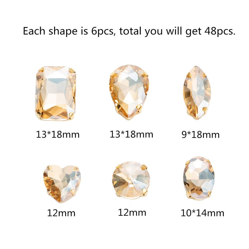 Choupee 48PCS Mixed Shapes Flatback Sew On Glass Rhinestone Sewing Claw Rhinestone for Craft, Clothes, Garments, Dress, Earring, Belt and Shoes (Champagne, Gold Claw) - Image 2